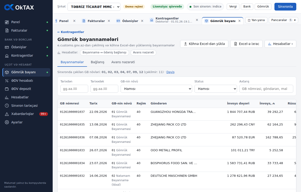 Gömrük bəyannamələri ekranı (demo məlumat)