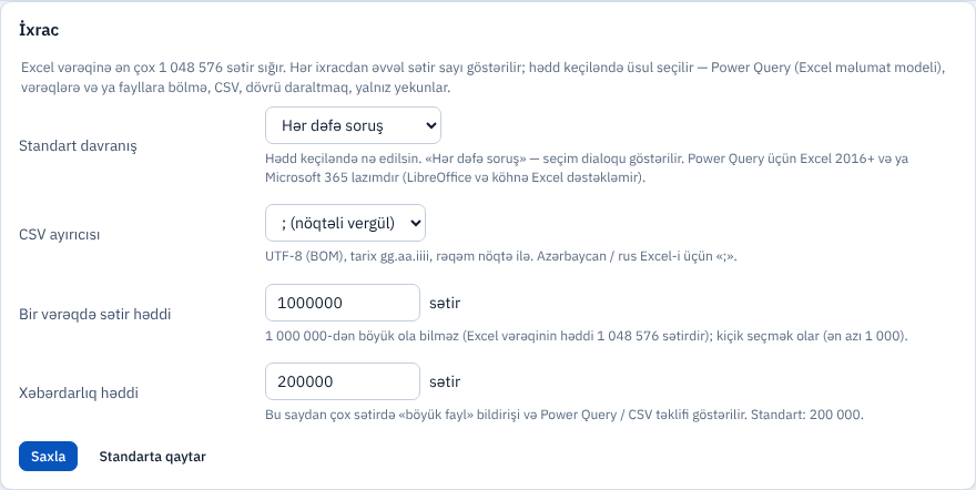 İxrac ayarları