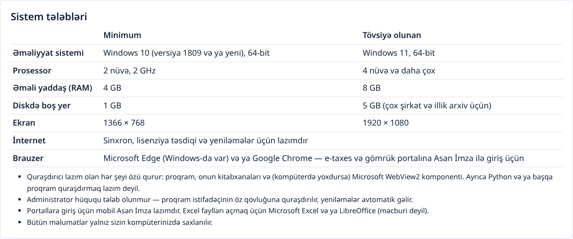 Saytdakı «Yükləmə» səhifəsində sistem tələbləri